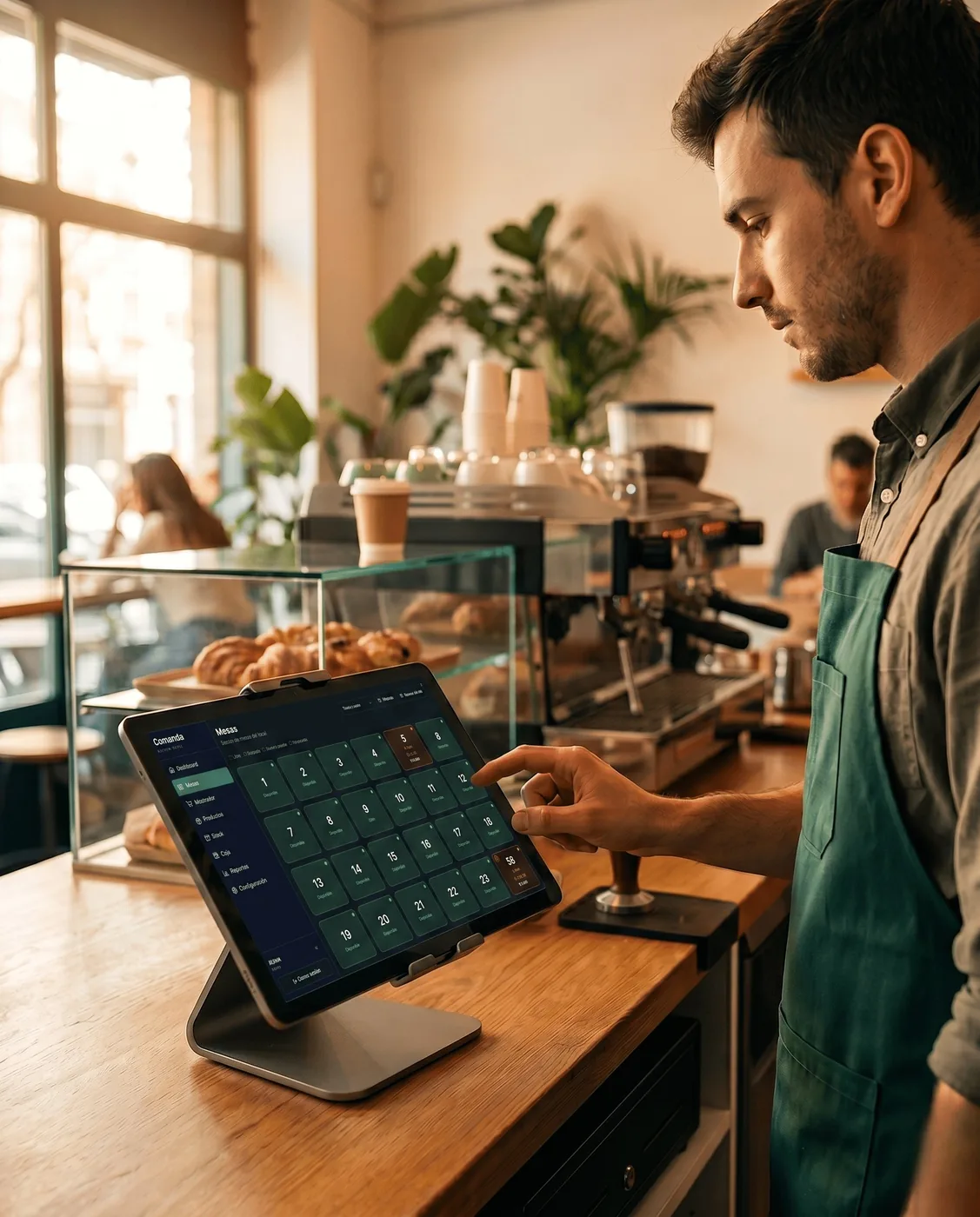 Comanda funcionando en una tablet POS en el mostrador de un cafe